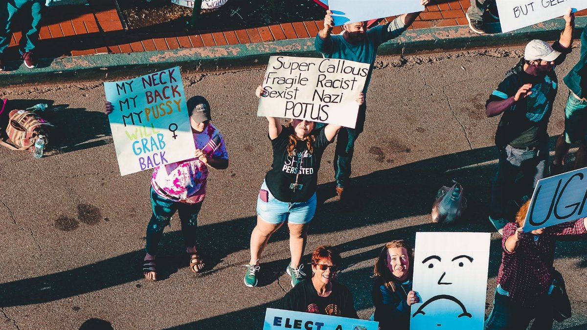 A diverse group of protesters holding signs advocating for political change in Wheeling, WV.
