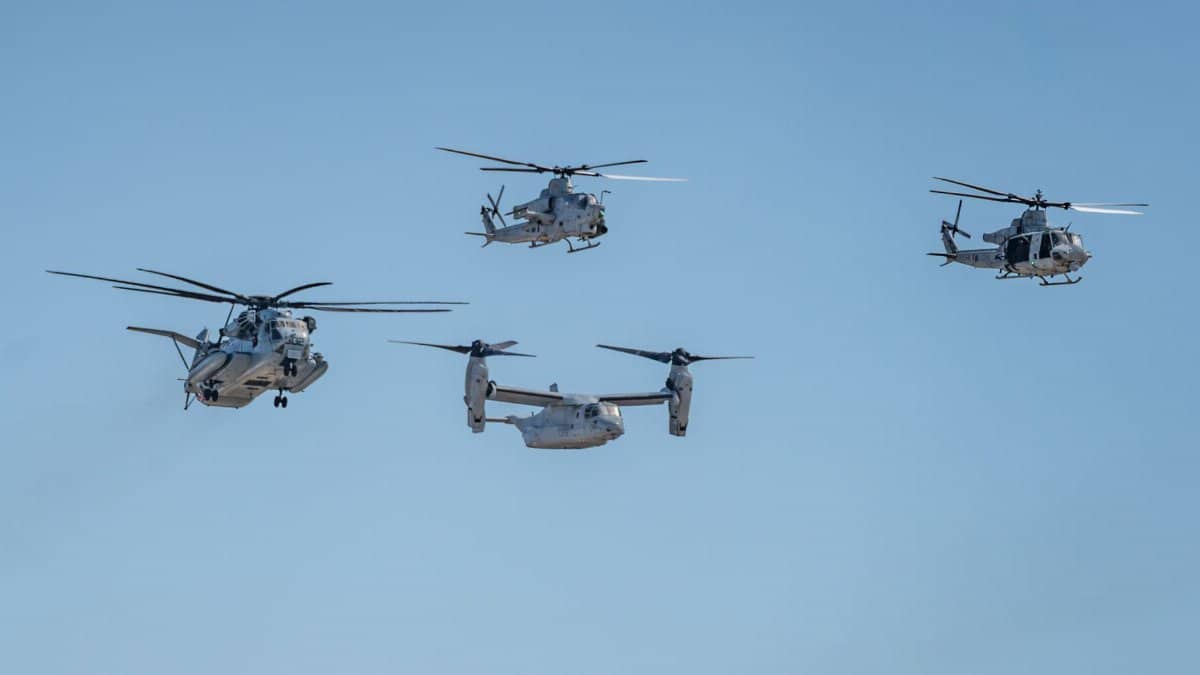 US Marine Corps helicopters and aircrafts fly during San Diego airshow.