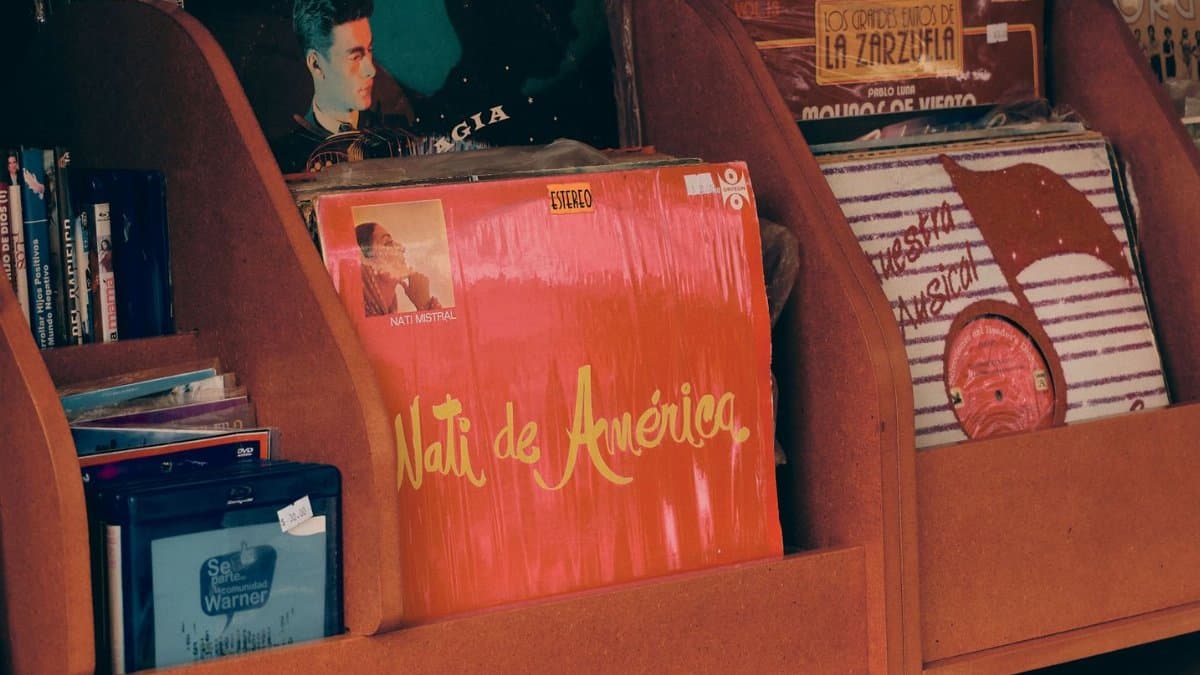 Close-up of vinyl records in a Mexican music store showcasing nostalgic retro vibes.