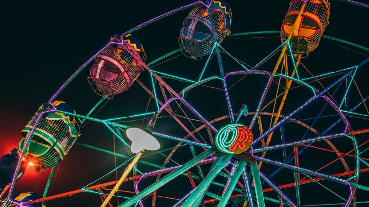 Colorful ferris wheel lit up against a dark night sky at an amusement park.