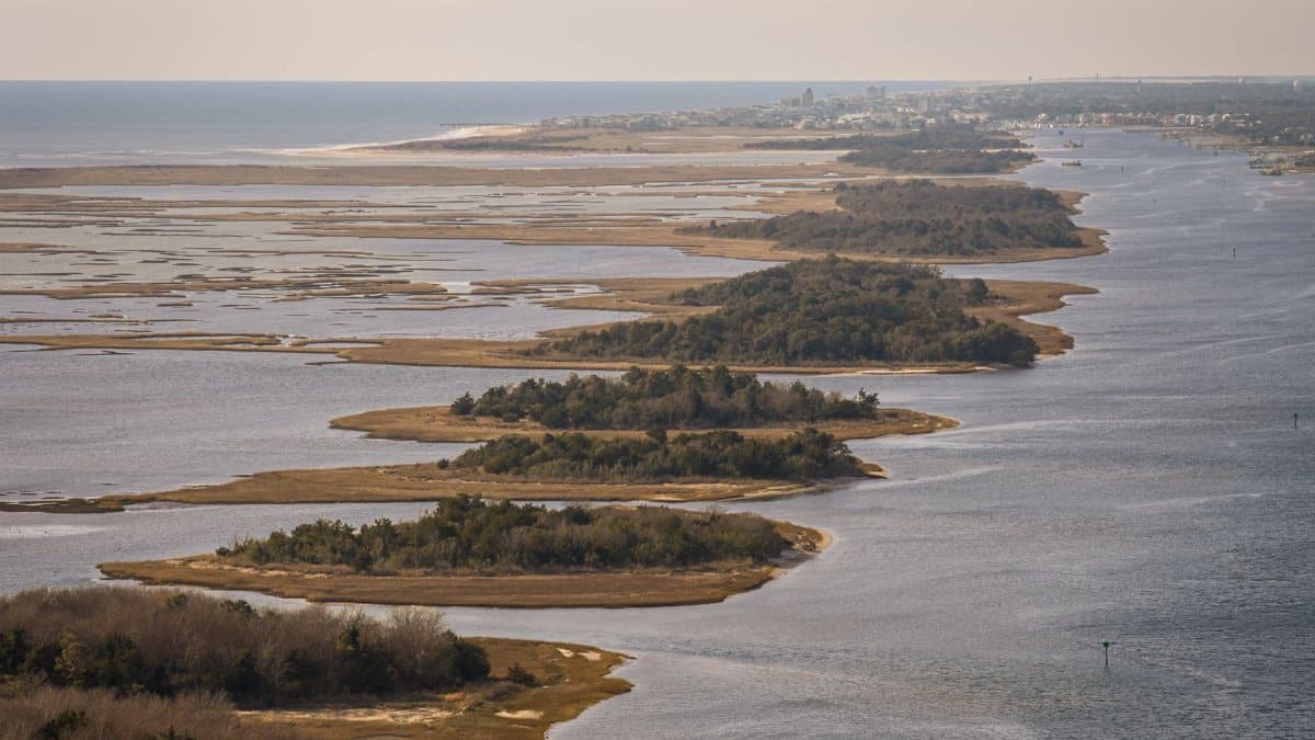 Breathtaking aerial view of the serene Carolina coastline with lush islands and calm waters.