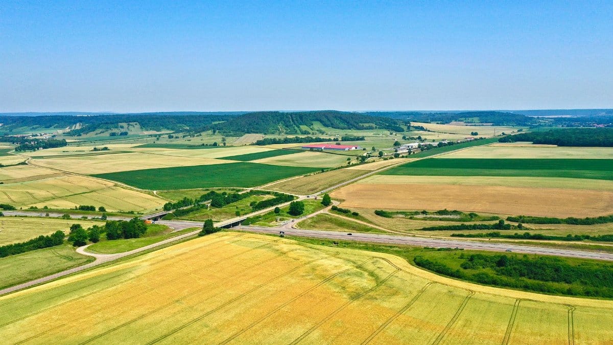 Aerial view of lush countryside fields in France during a bright summer day.