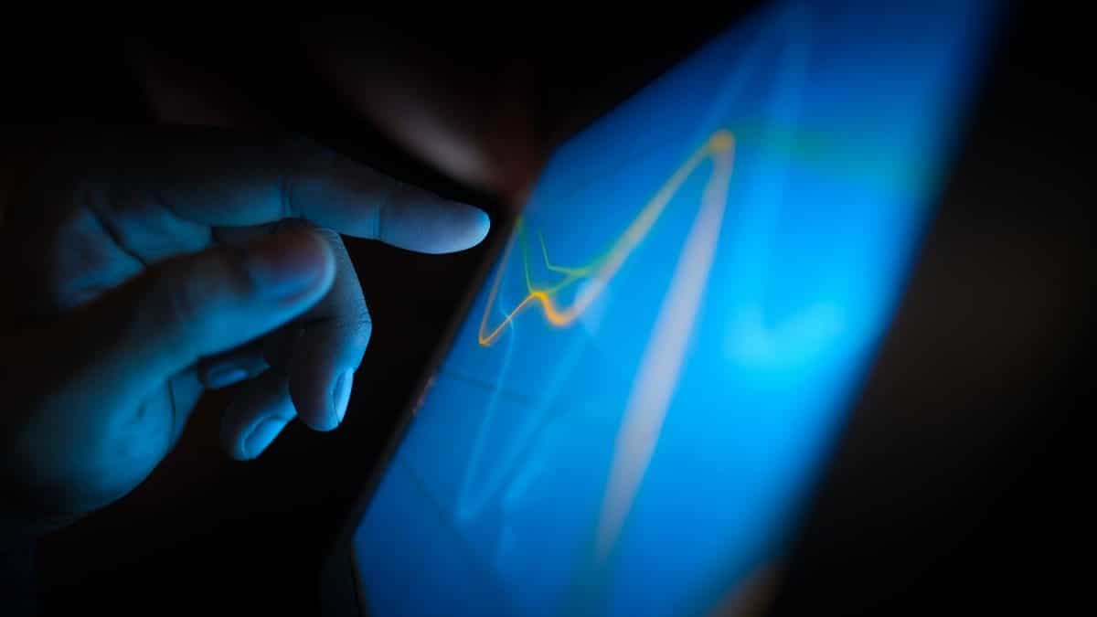 Close-up of a hand interacting with a touchscreen displaying dynamic graphs.