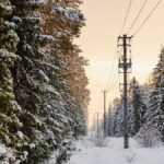 A serene snowy forest landscape with power lines at sunset, capturing the essence of winter.