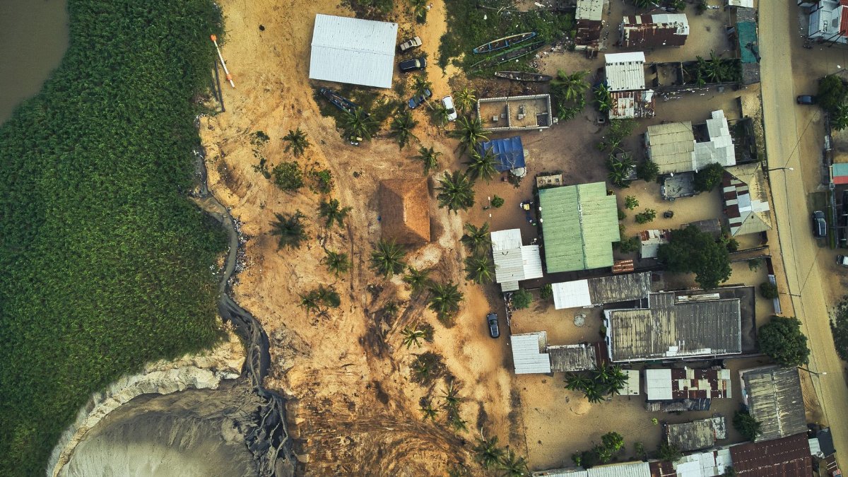 Drone shot capturing the unique landscape and layout of Grand-Bassam, Côte d'Ivoire.
