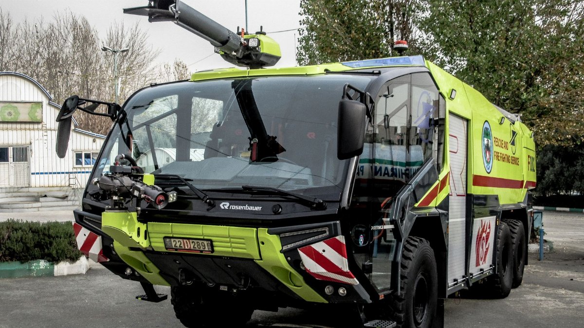 A high-tech firefighting vehicle parked outdoors in Tehran, Iran.