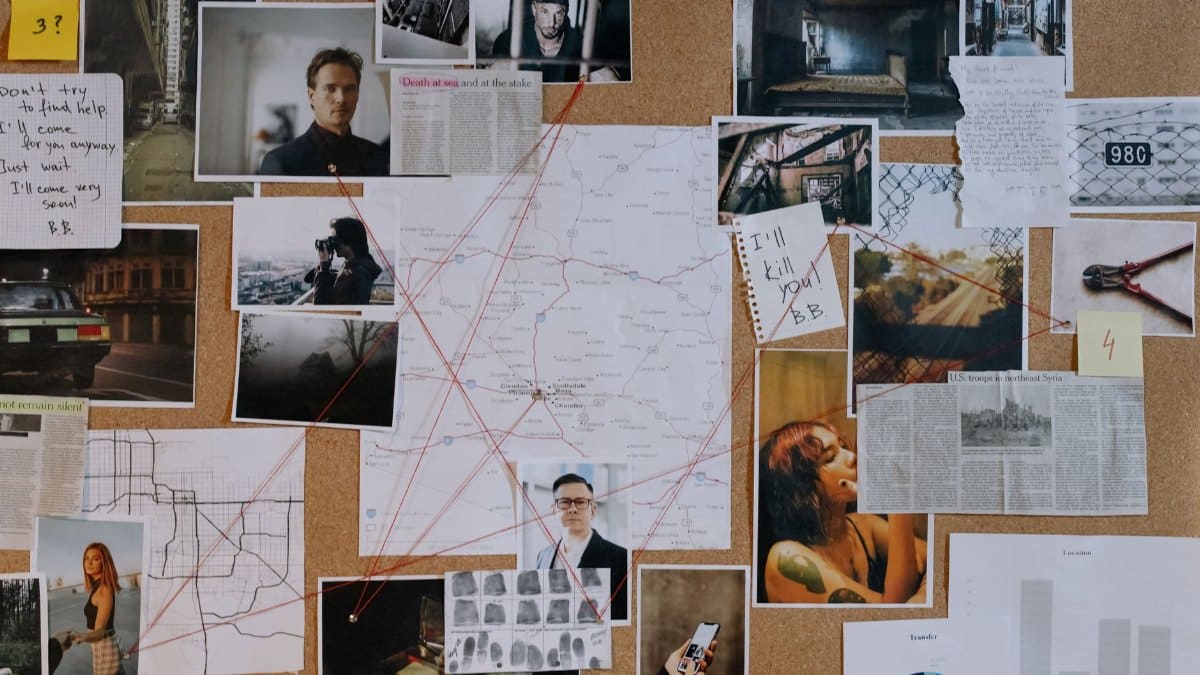 A detailed crime investigation board filled with photos, maps, and red strings connecting clues and evidence.