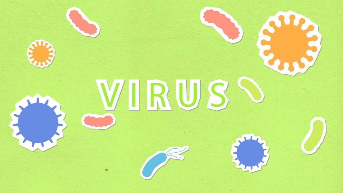 Paper cutout of Virus inscription on green background with abundance of different types of dangerous microorganisms during coronavirus disease pandemic
