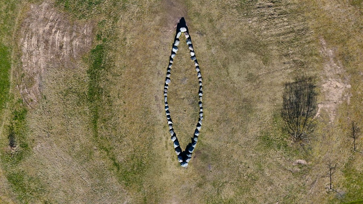 Drone captures ancient stone circle in a field in Jönköping, Sweden.