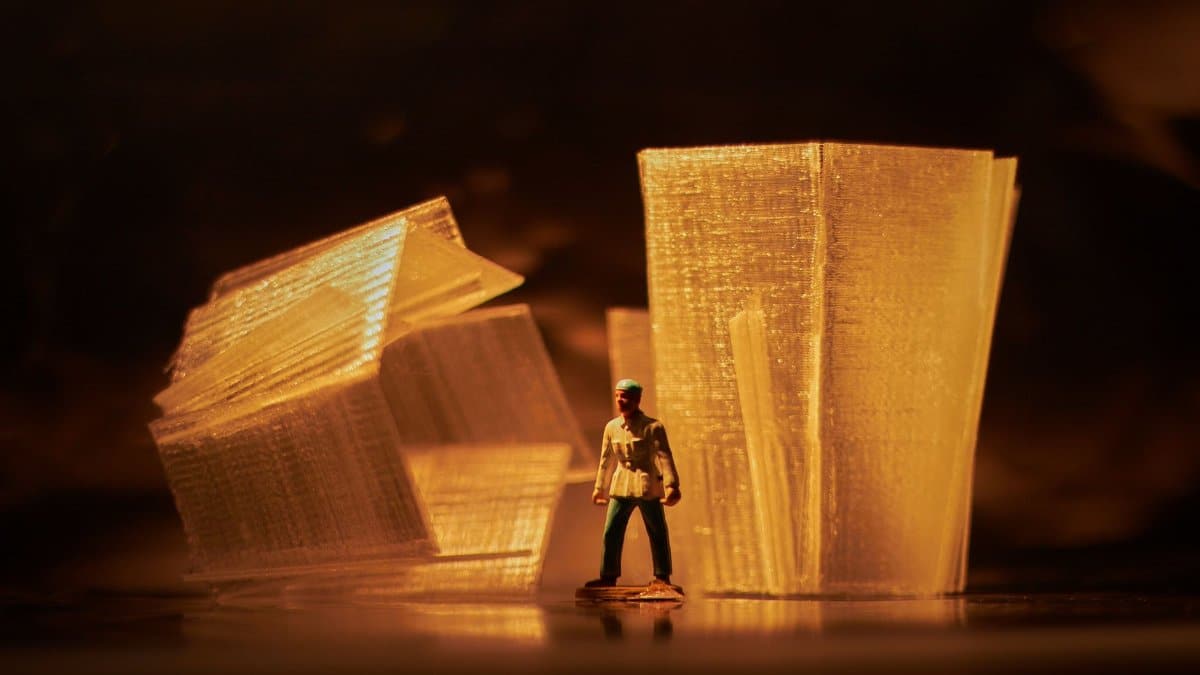 A small figure stands among abstract, golden illuminated blocks, evoking a surrealist theme.