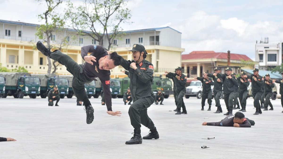 Military personnel engaging in a dynamic hand-to-hand combat training exercise outdoors.