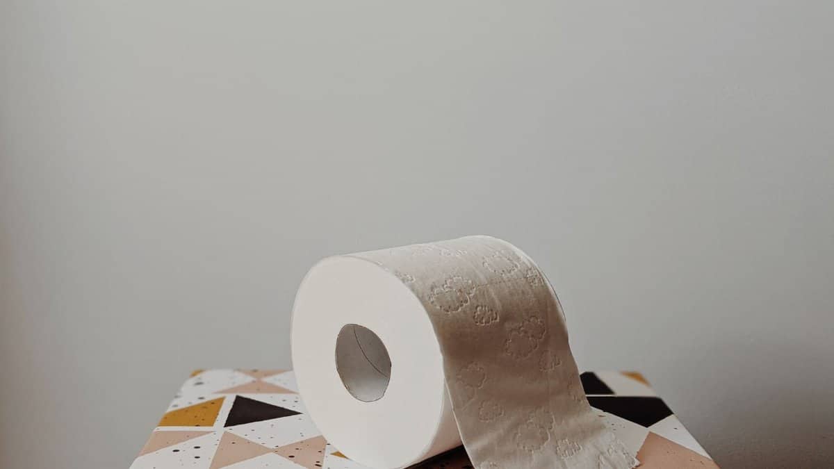 A minimalistic photograph of a toilet paper roll on a geometric patterned surface, showcasing simplicity and design.