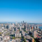 Beautiful aerial view of Seattle's skyline with clear blue skies.