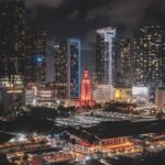 Vibrant Miami downtown skyline at night with illuminated skyscrapers and busy city vibes.