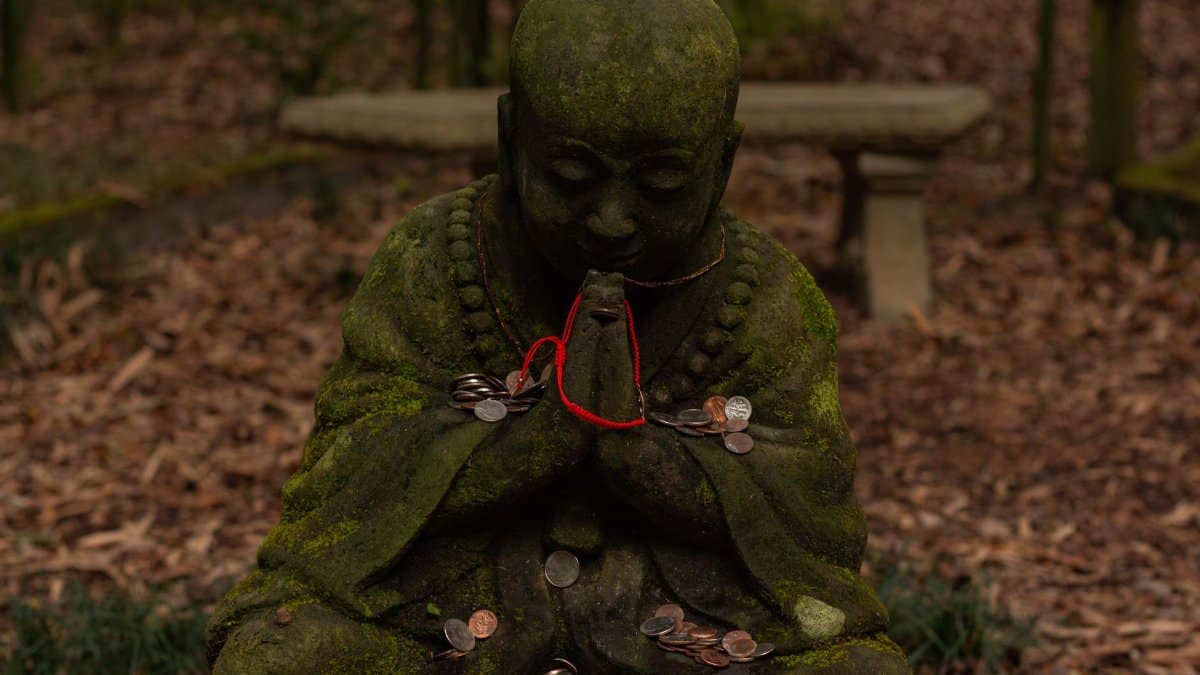 A moss-covered Buddha statue adorned with coins in a tranquil outdoor setting.