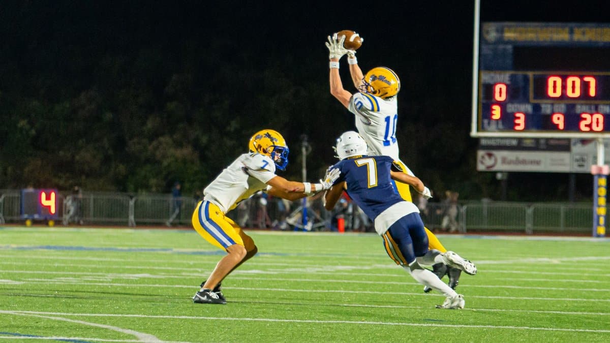 High school football players in a dramatic mid-air catch during a night game.