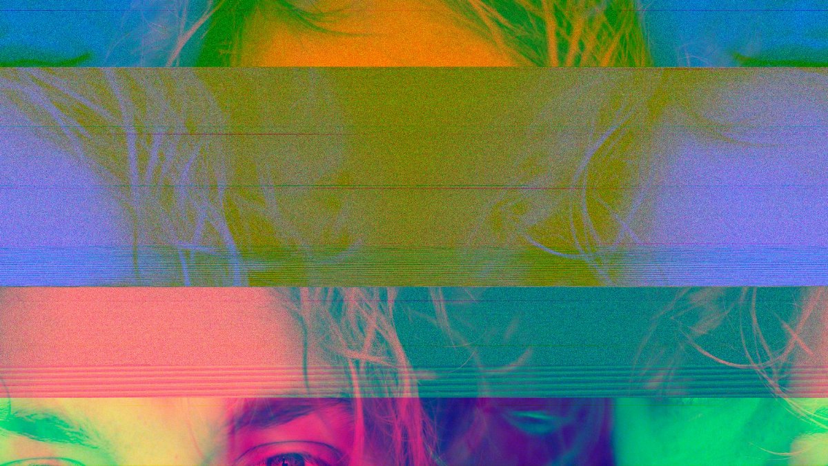 Abstract glitch art portrait featuring vivid colors and a woman's face.