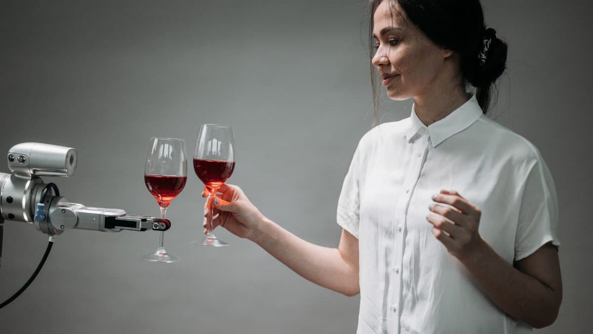 A woman and a robotic arm clink glasses of red wine, symbolizing technological harmony.