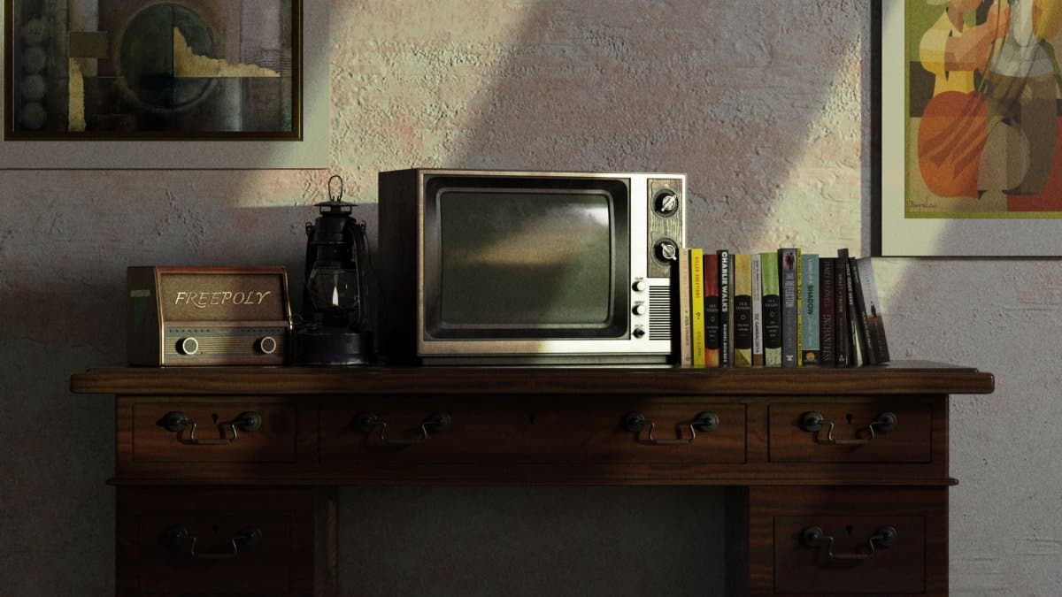 A nostalgic scene featuring a vintage TV and radio on a wooden desk with books and paintings.