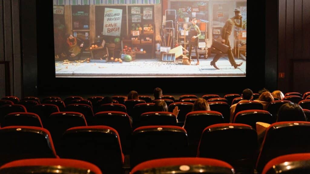 A cozy indoor movie theater showing an animated film to a small audience.