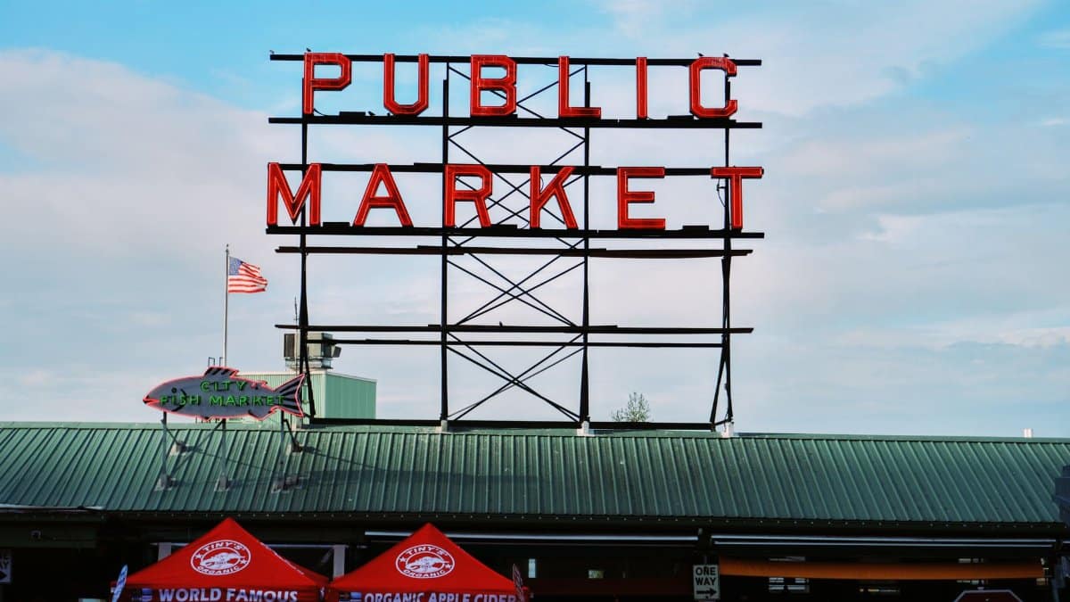 The famous Public Market sign at Pike Place Market, Seattle, Washington.