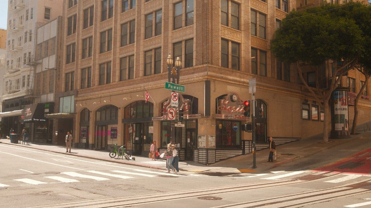 Daytime street corner of Powell and Market in San Francisco featuring a cityscape with pedestrians.