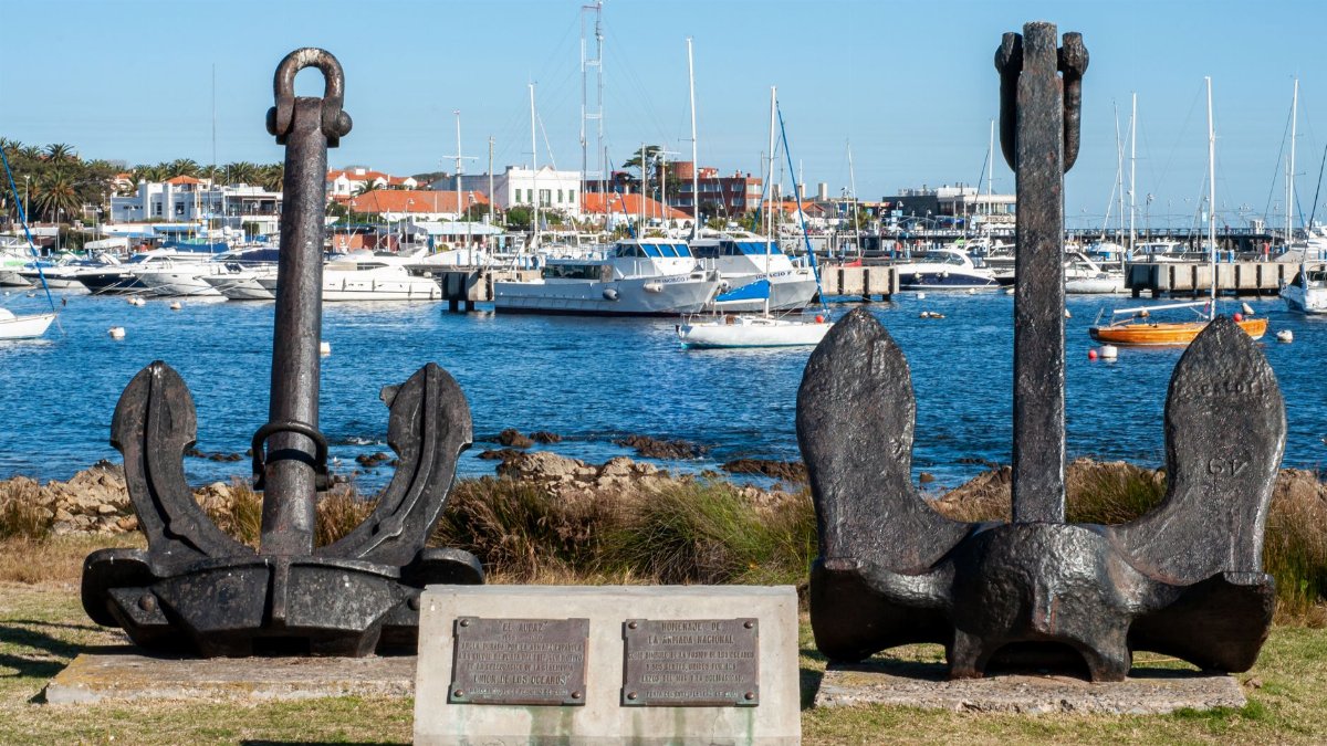 Cast iron anchors overlooking boats in Punta del Este harbor, Uruguay.