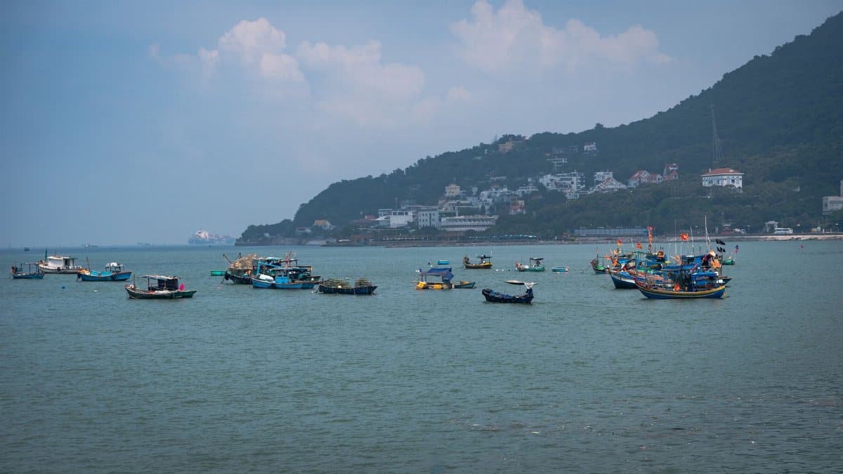 Serene bay with colorful fishing boats against hill backdrop under cloudy sky.