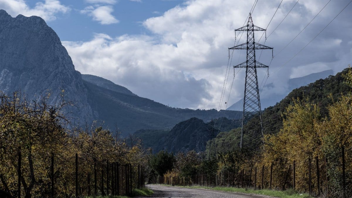 Scenic rural landscape featuring power lines, mountains, and an orchard.