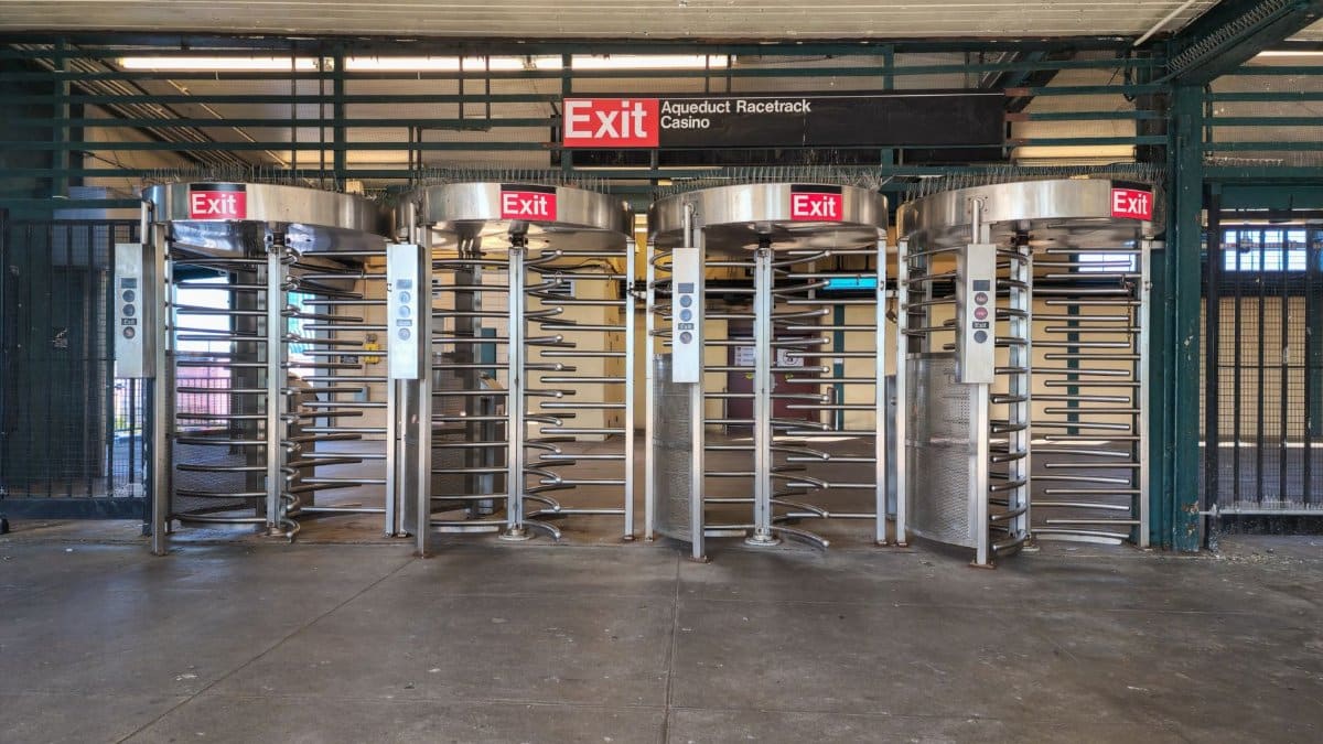 Entrance and exit turnstiles at Aqueduct Racetrack Casino in New York City.
