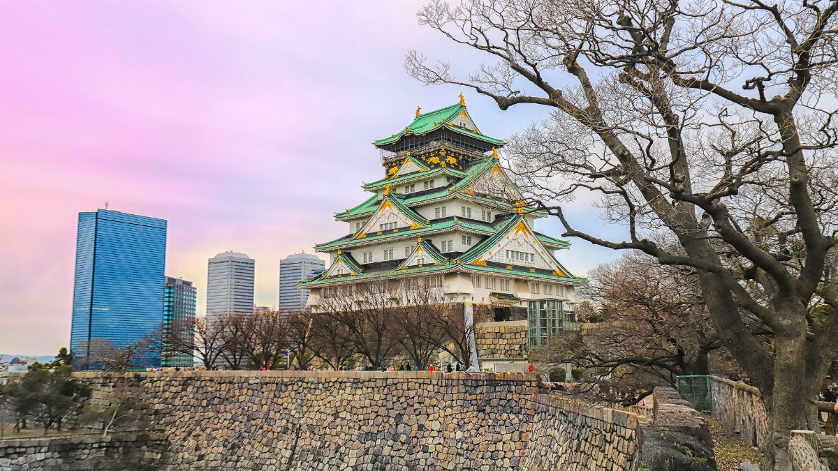 A captivating view of Osaka Castle with city skyscrapers and leafless trees in the foreground.