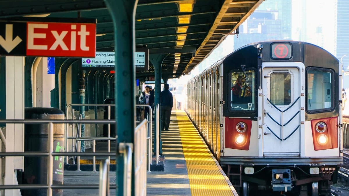 A city subway train arriving at a station platform with exit signs and waiting passengers.