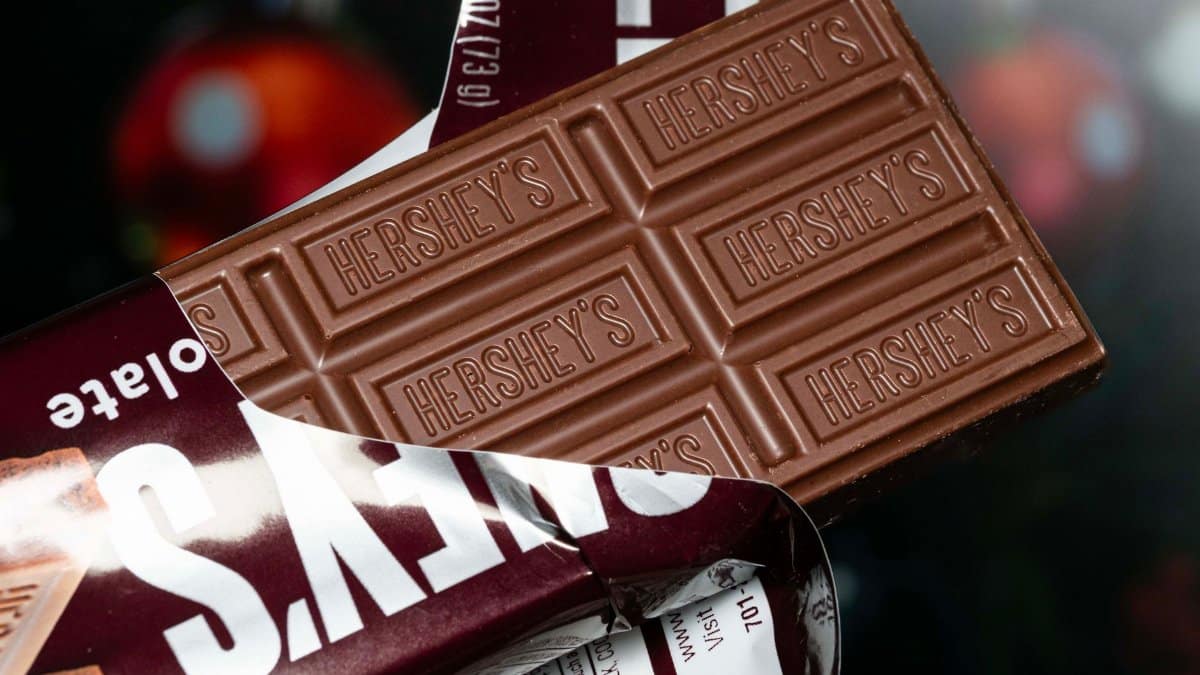Unwrapped Hershey's chocolate bar revealing its iconic design.