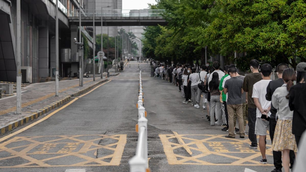A large group of people lined up along a city street, highlighting urban planning and human patience.