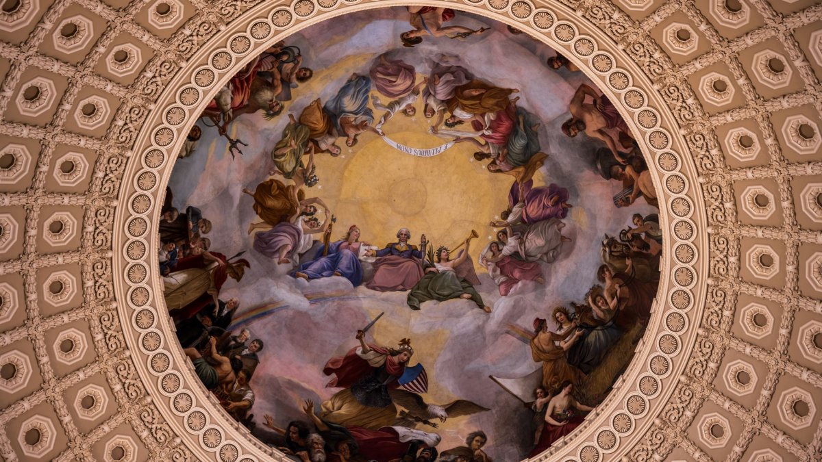 Detailed view of The Apotheosis of Washington ceiling mural in the Capitol rotunda, showcasing classical figures.