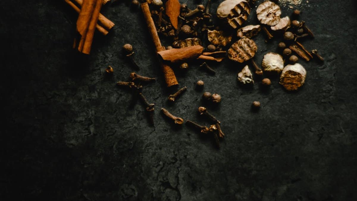 A collection of aromatic spices including cinnamon and cloves on a textured dark background.