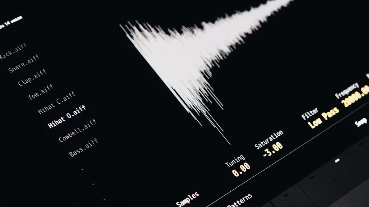 Close-up of a digital audio editing interface displaying sound waves and file names.