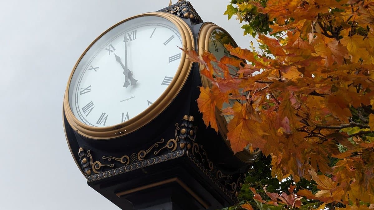 Vintage clock surrounded by autumn leaves in Truro, NS, Canada, offering a timeless view.