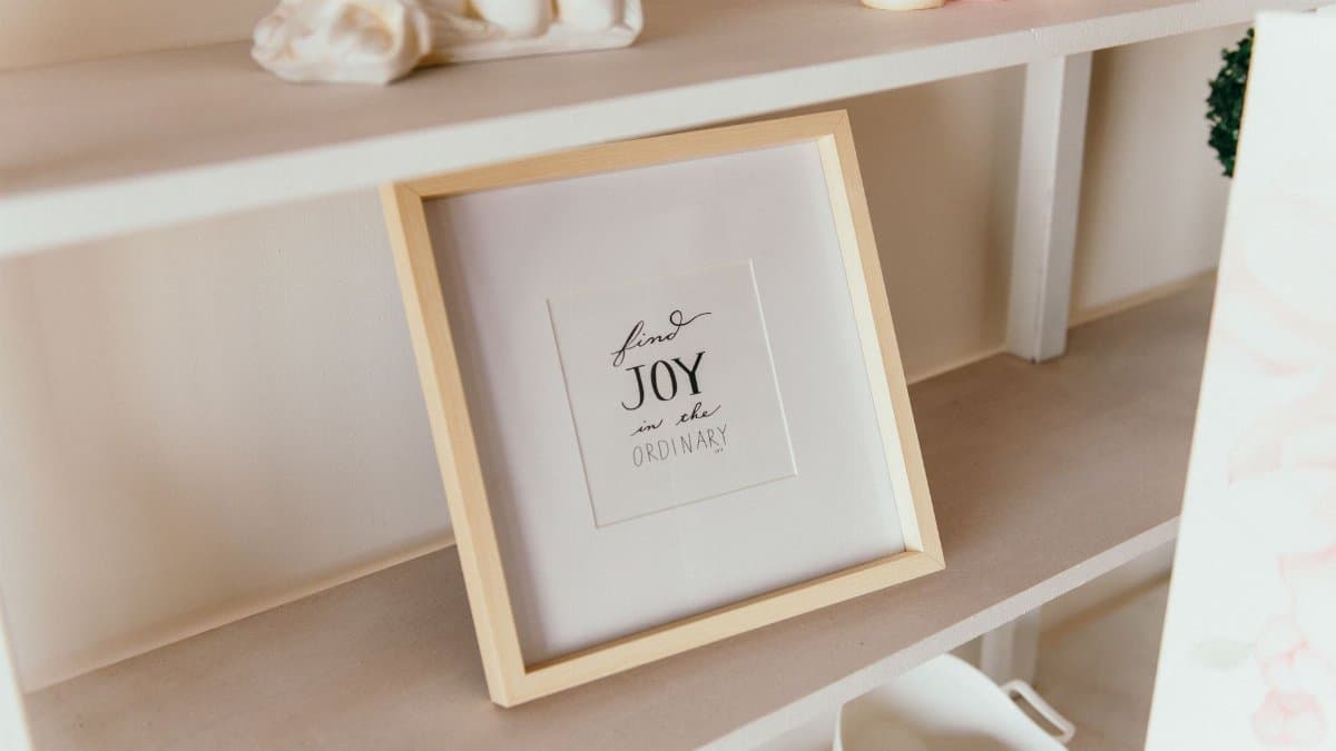 Wooden frame with quote 'Find Joy in the Ordinary' on a shelf with decor items.