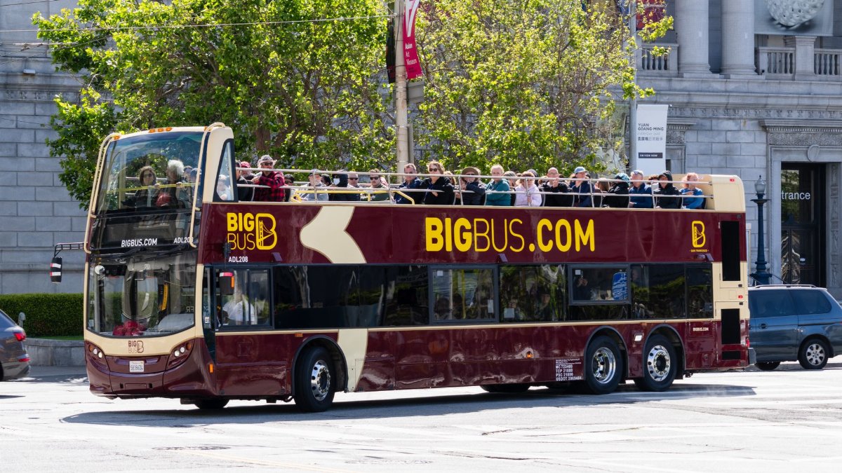 A sightseeing double-decker bus on a city tour in San Francisco, California.