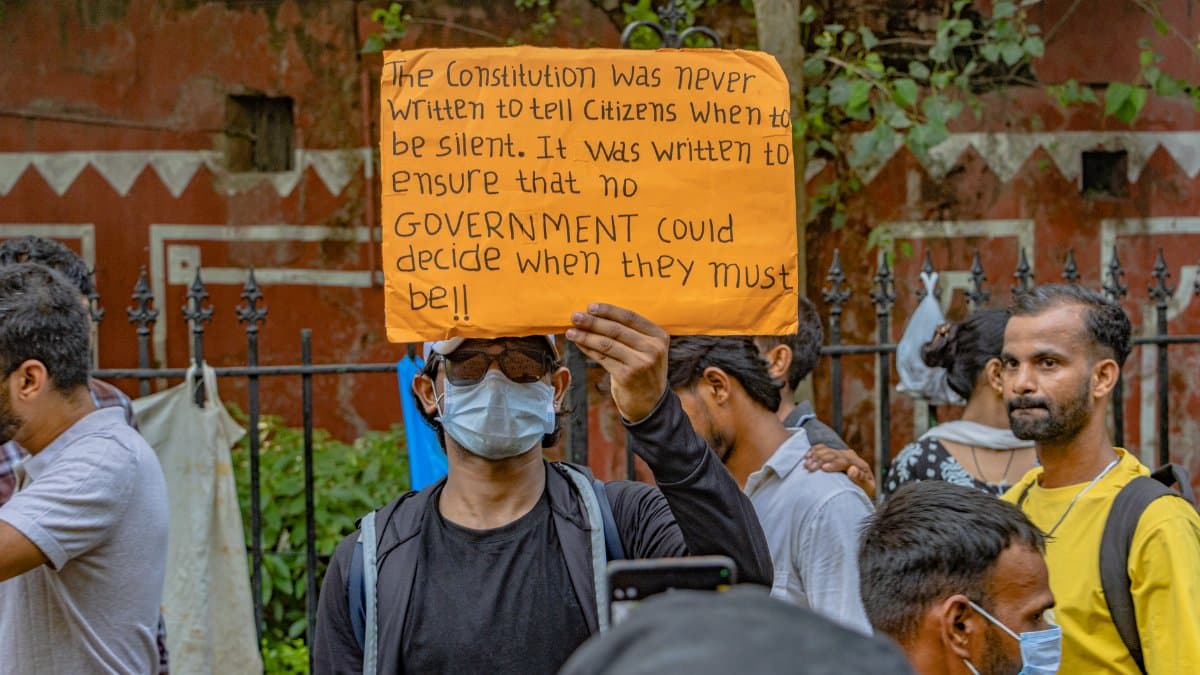 A peaceful protest in New Delhi focusing on citizens' rights and freedom of speech.