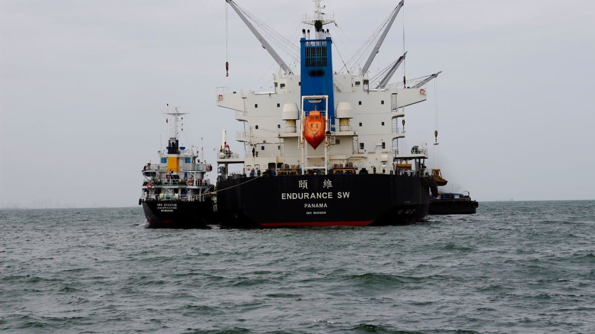 Two cargo ships, including Endurance SW from Panama, sailing in open sea on a clear day.