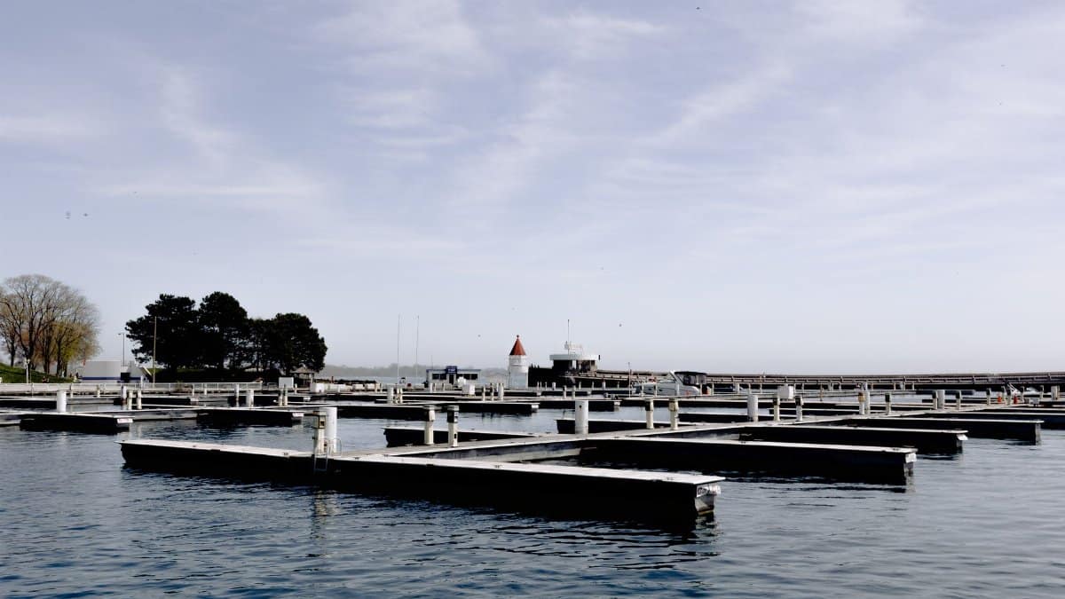 Empty lots of yacht parking on rippling water in harbor against cloudy blue sky