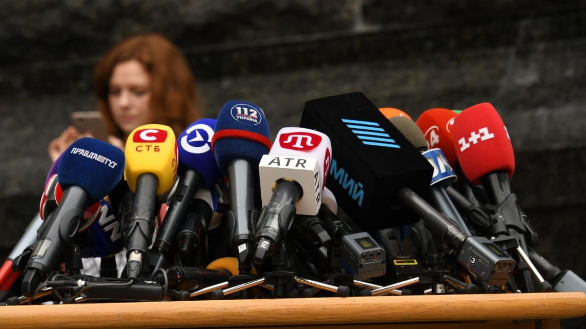 Various microphones setup at a press conference in Kyiv, Ukraine.
