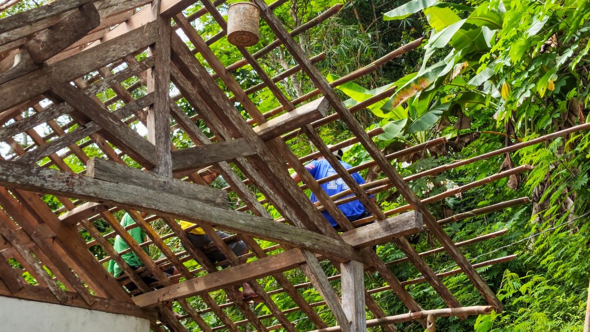 Workers building a wooden roof frame amidst lush greenery in Pacitan, East Java, Indonesia.
