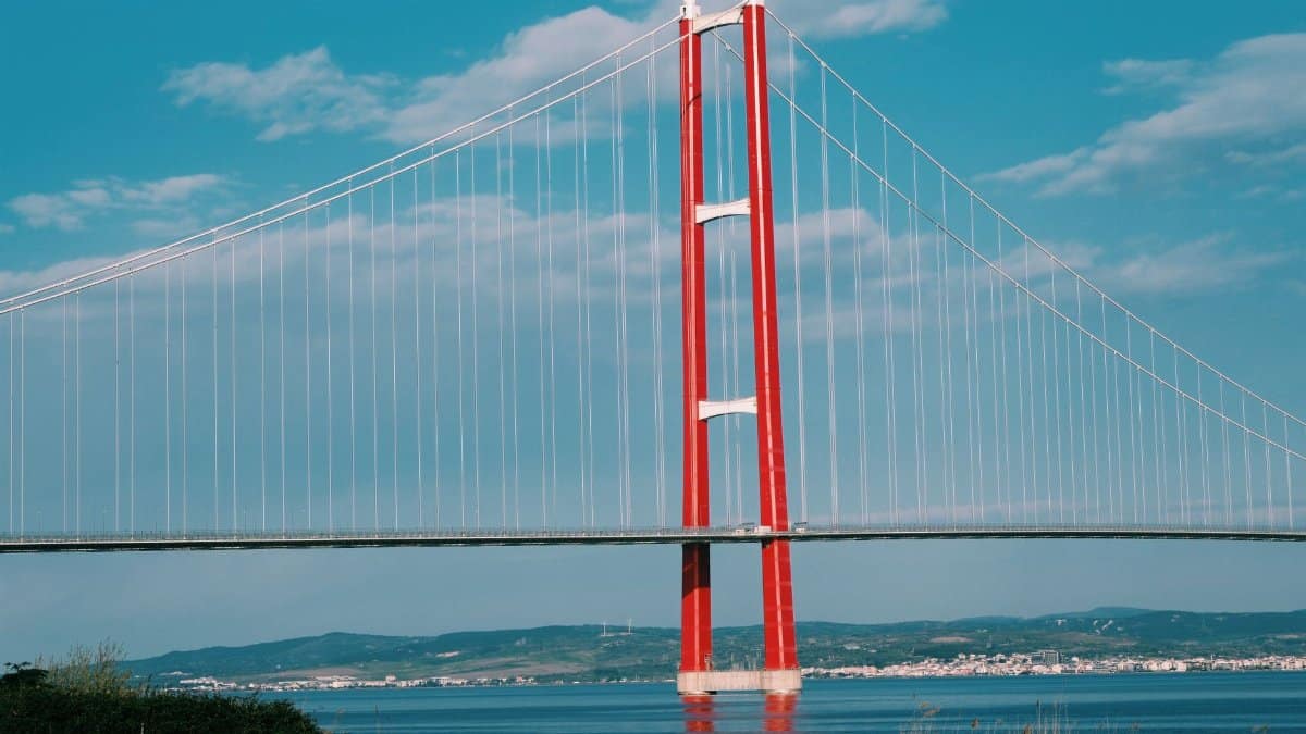 A captivating view of the Humber Bridge spanning across a calm river under a blue sky.