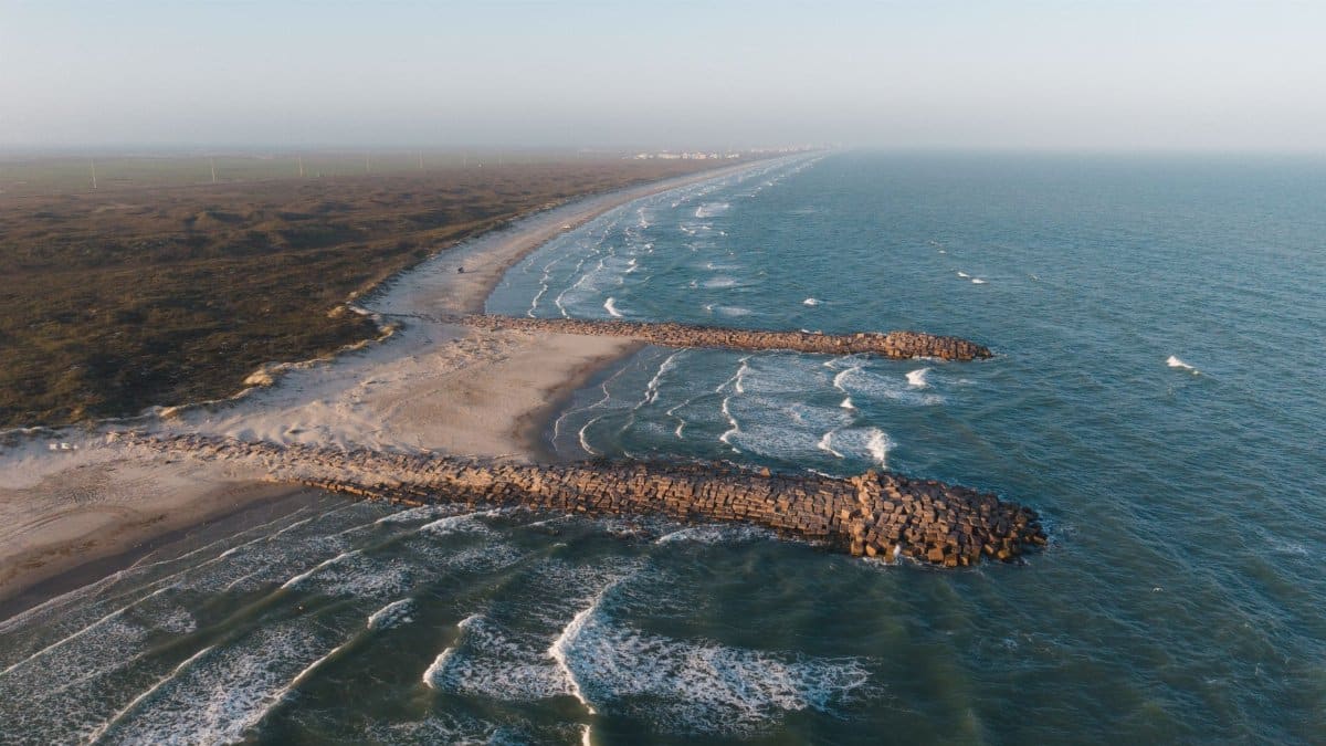 Stunning aerial view of Mustang Island's coastline and the Gulf of Mexico, Texas.
