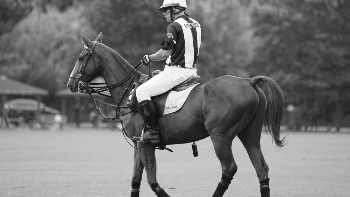 Polo umpire in action on horseback during a match, captured in black and white.