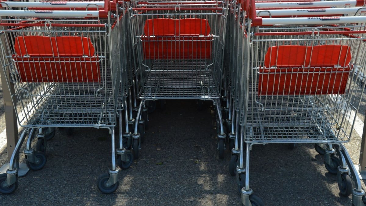 Neatly arranged shopping carts lined up in an outdoor parking lot.