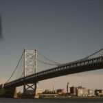 Scenic view of the Ben Franklin Bridge spanning the Delaware River with Philadelphia skyline in the background.